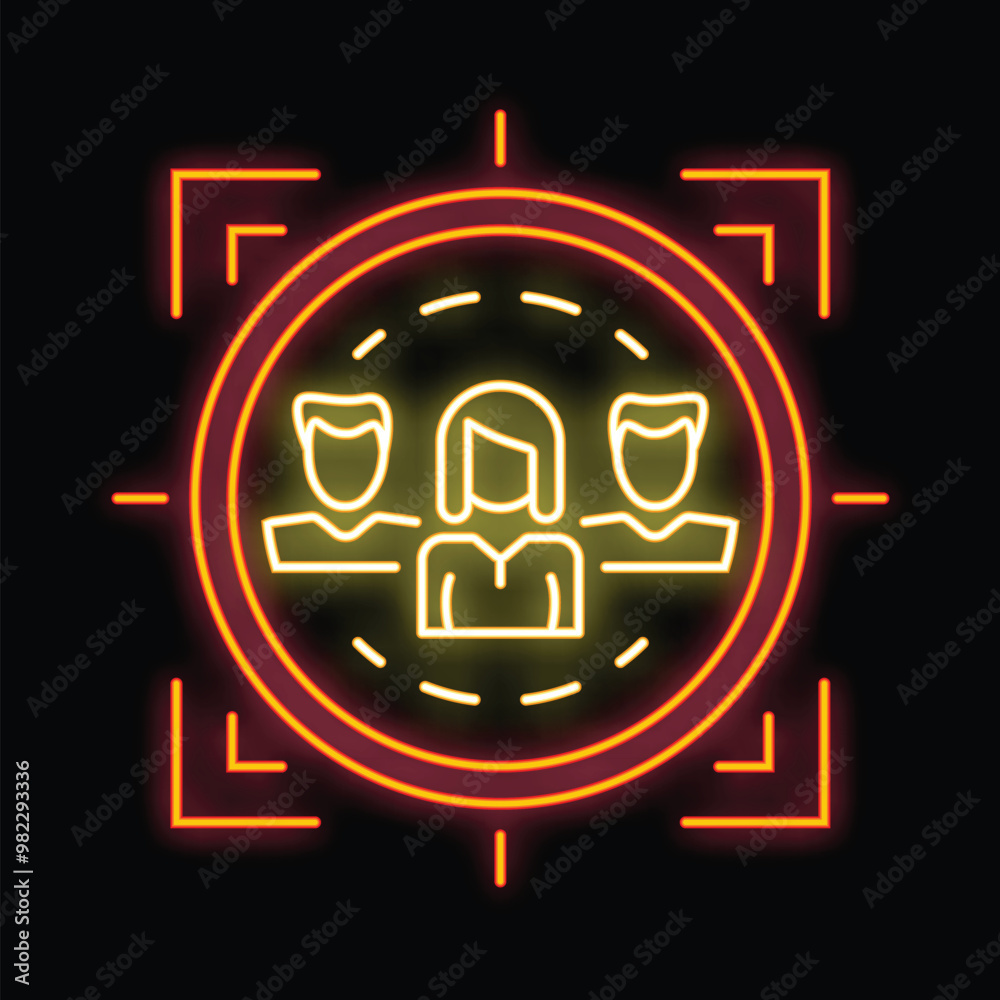 Neon icon of a target audience with business people inside a circle and a target symbol Neon icon of a target audience with business people inside a circle and a target symbol