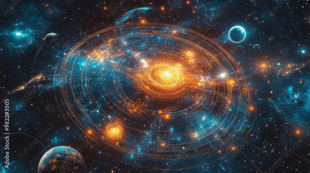 Obraz premium A cosmic mandala with celestial bodies orbiting in intricate circular patterns, representing universal balance and the flow of energy.