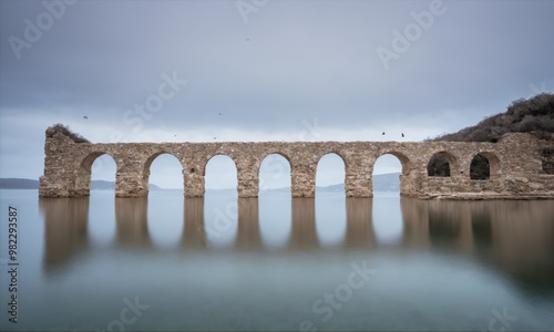 Stone bridge with eight arches reflecting in calm water