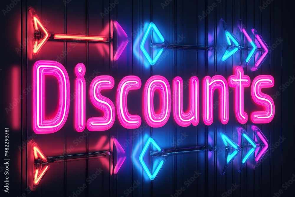 Neon sign with bright 'Discounts' text and arrows. Neon sign with bright 'Discounts' text and arrows.