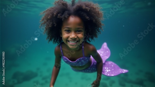 A black girl in a purple mermaid costume swims underwater