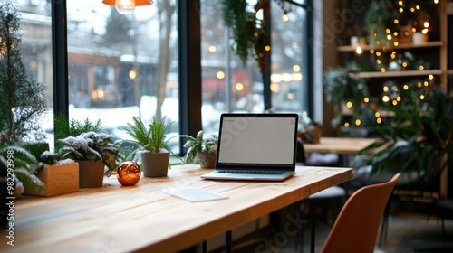 Open office space decorated for Christmas holidays with trees and ornaments, creating warm and festive atmosphere at workplace