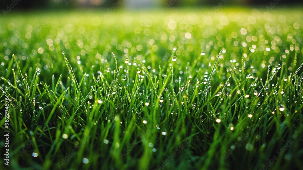Dewy Green Grass Blades with Bokeh Effect Dewy Green Grass Blades with Bokeh Effect