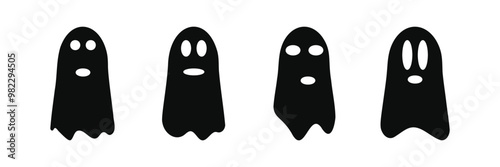 Halloween. Ghosts icon set. Collection of various scary and funny ghosts and animal ghosts. Magic symbols for parties, celebrations, templates and decorations. Isolated silhouette.