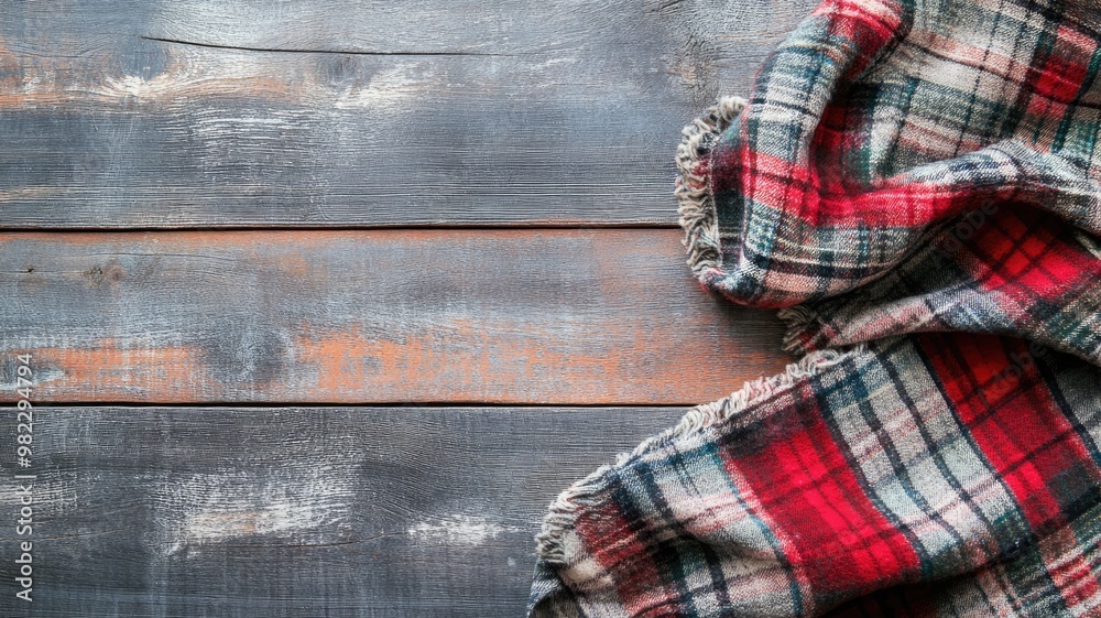 Soft plaid blanket on rustic wood surface with charm Soft plaid blanket on rustic wood surface with charm