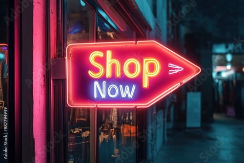 Neon sign with "Shop Now" text on a night street