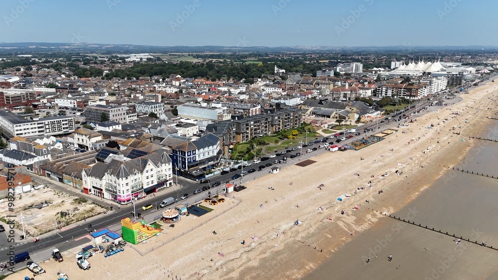 Busy beach in summer Bognor Regis west Sussex UK drone,aerial ..