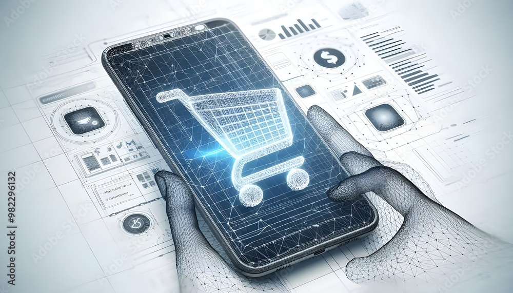 A wireframe shopping cart on a smartphone, digital art style, with a white and transparent abstract background, concept of online shopping. 3D Rendering A wireframe shopping cart on a smartphone, digital art style, with a white and transparent abstract background, concept of online shopping. 3D Rendering