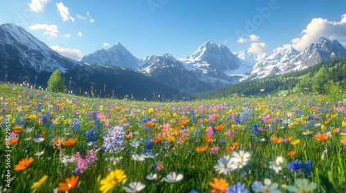 A Colorful Wildflower Meadow in Front of Snow-Capped Mountains