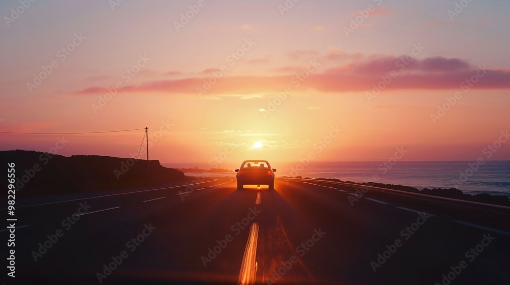 Fototapeta premium A lone car driving on a seaside highway at sunrise, the road stretching into the horizon with morning light reflecting off the hood. The car's silhouette is sharp against the vibrant sky, emphasizing 