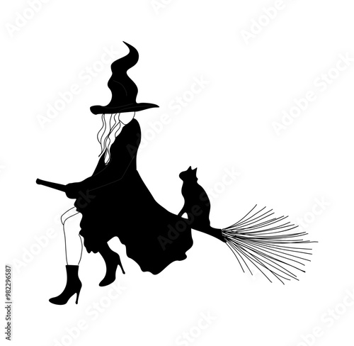 Cute witch black silhouette. Pretty young woman in traditional Halloween magic costume flying on the broomstick with black cat. Outline drawing vector illustration isolated on transparent background.