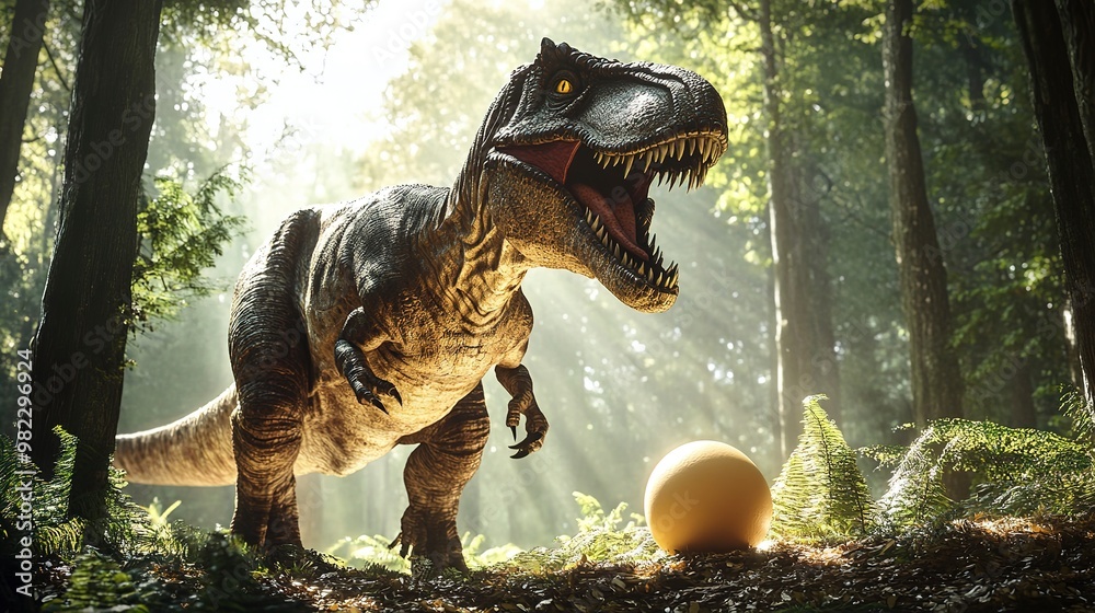 Obraz premium Tyrannosaurus rex with small egg in sunlight