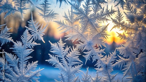 Frozen windowpanes transformed into intricate ice crystals, whispering delicate patterns that evoke a serene winter photo