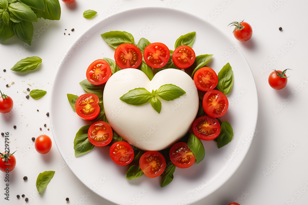 Caprese salad appetizer with mozzarella cheese heart, sliced ripe tomatoes, and fresh basil leaves on white plate. Horizontal, top view, white background. Caprese salad appetizer with mozzarella cheese heart, sliced ripe tomatoes, and fresh basil leaves on white plate. Horizontal, top view, white background.