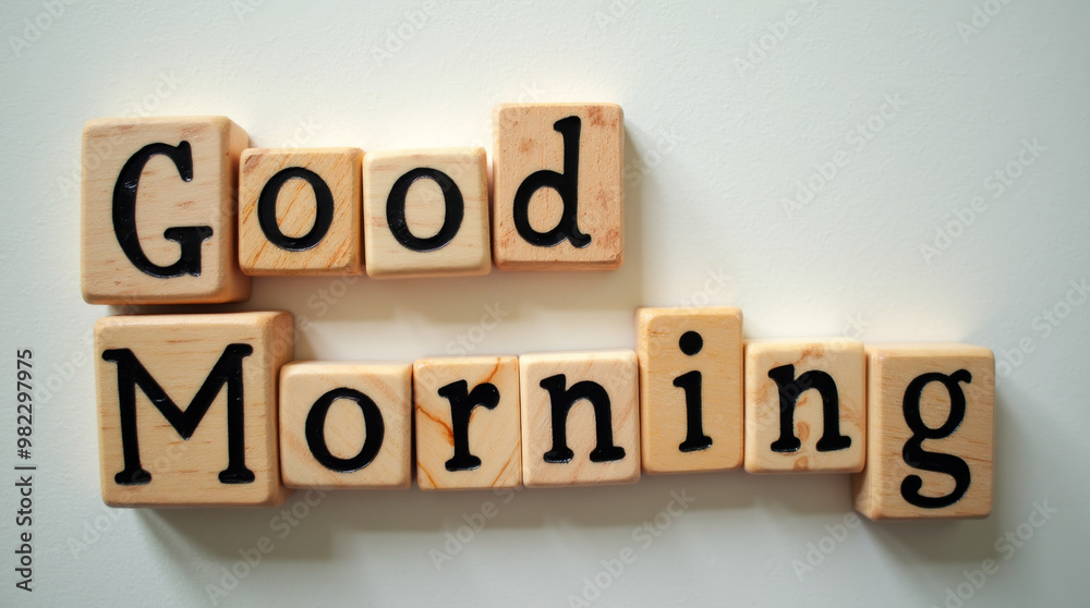 Wooden blocks with letters create a cheerful greeting that says 'Good Morning' against a simple wall, adding a touch of positivity and warmth to the space Wooden blocks with letters create a cheerful greeting that says 'Good Morning' against a simple wall, adding a touch of positivity and warmth to the space