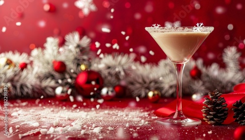 Snowflake Martini calls for white chocolate liqueur and vanilla vodka on dark red background, copy space. cold weather drink. Fall and winter drink. for winter holiday menu, recipe.