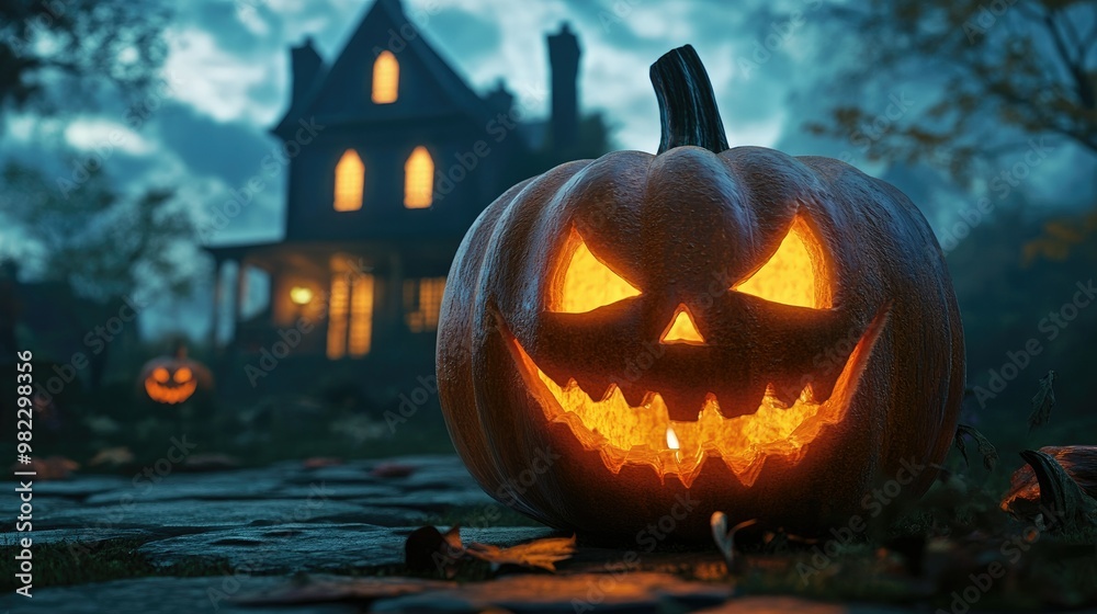 Halloween pumpkin with candlelight in front of a haunted house background, Halloween pumpkin with candlelight in front of a haunted house background,