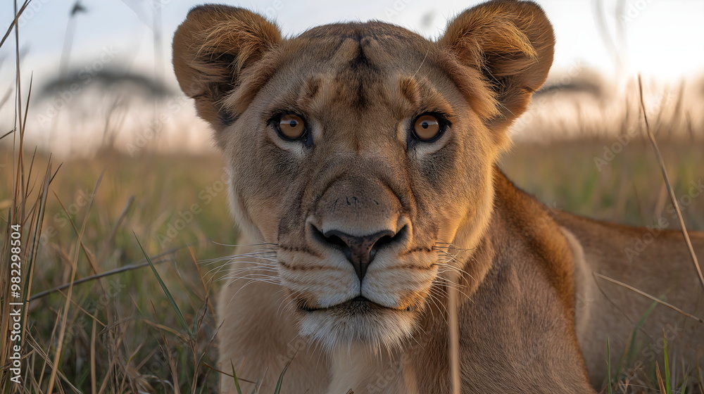 Fototapeta premium Close-up portrait of lioness face in grass