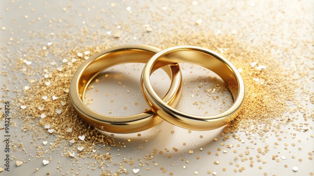 Golden wedding rings entwined in a heart shape against a pure white background, where confetti sparkles, symbolizing Golden wedding rings entwined in a heart shape against a pure white background, where confetti sparkles, symbolizing