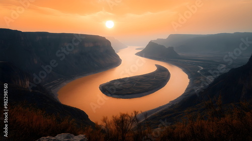 Majestic horseshoe bend of river canyon at golden sunset. Natural wonder, scenic landscape, geological formation photo