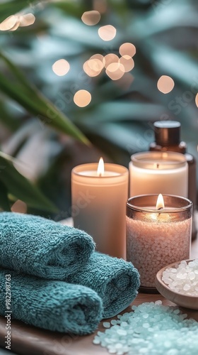 A serene spa setting with towels, candles, and natural elements, perfect for relaxation and wellness imagery.