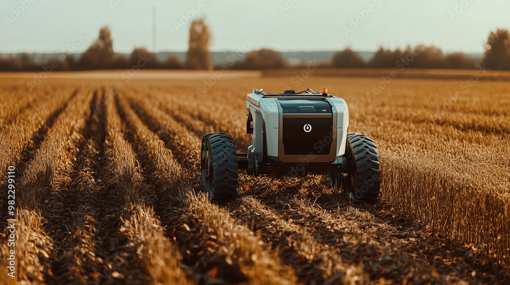Obraz premium A futuristic robot harvesting in a field. AI Worker. Robot work