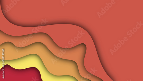 Abstract image features a layered, papercut design with curved, overlapping shapes in shades of red, orange, and yellow. The layers create a sense of depth and dimension.