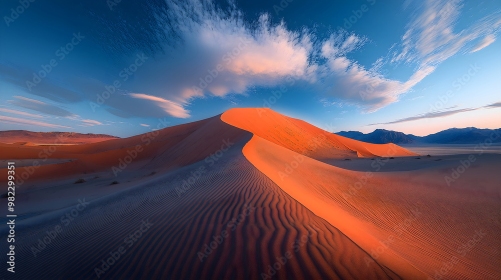 Vibrant orange sand dune with rippled texture against blue sky and dramatic clouds. Desert landscape, nature scenery, travel destinations Vibrant orange sand dune with rippled texture against blue sky and dramatic clouds. Desert landscape, nature scenery, travel destinations