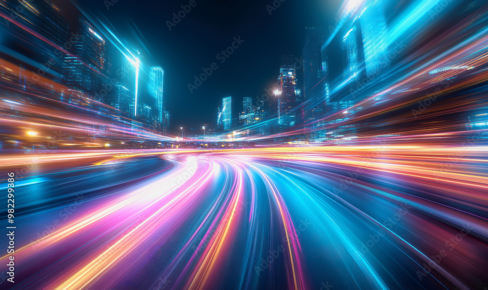 Neon-lit city streets with futuristic motion blur and glowing light trails at night Neon-lit city streets with futuristic motion blur and glowing light trails at night