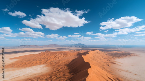 Aerial view of orange sand dunes with distant mountains under blue sky and white clouds. Desert landscape, natural formations, climate visualization