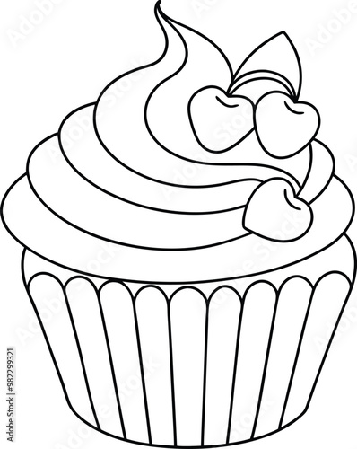 Detailed Line Art of Cupcake Desserts with Whipped Frosting and Cherry Topping - Elegant Vector Illustration for Bakery Designs, Menus, and Culinary Projects Highlighting Sweetness, Creativity