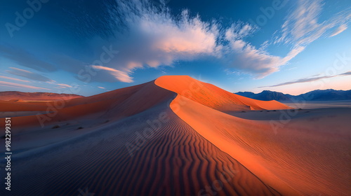 Vibrant orange sand dune with rippled texture against blue sky and dramatic clouds. Desert landscape, nature scenery, travel destinations