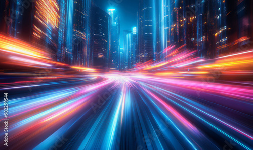 Neon-lit city streets with futuristic motion blur and glowing light trails at night