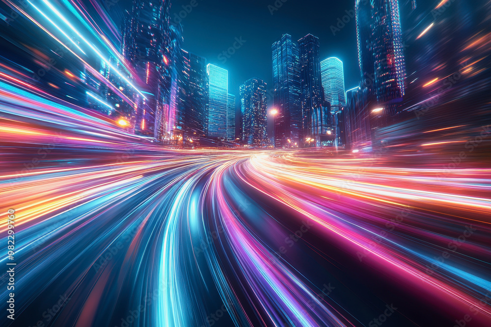 Neon-lit city streets with futuristic motion blur and glowing light trails at night Neon-lit city streets with futuristic motion blur and glowing light trails at night