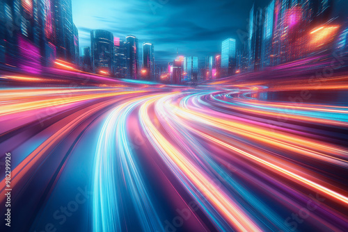 Neon-lit city streets with futuristic motion blur and glowing light trails at night