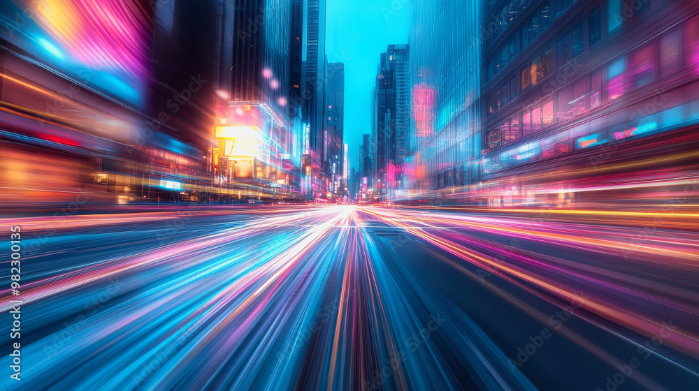 Neon-lit city streets with futuristic motion blur and glowing light trails at night Neon-lit city streets with futuristic motion blur and glowing light trails at night
