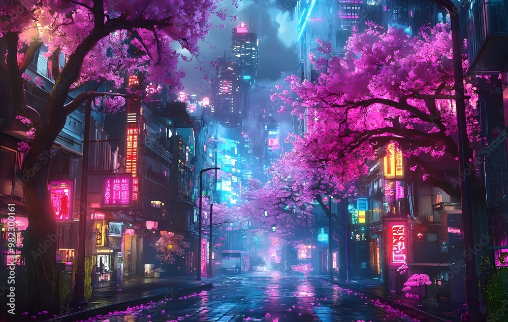 A digital illustration of a cyberpunk cityscape with neon lights and cherry blossom trees, pink lighting, and colorful elements. A digital illustration of a cyberpunk cityscape with neon lights and cherry blossom trees, pink lighting, and colorful elements.