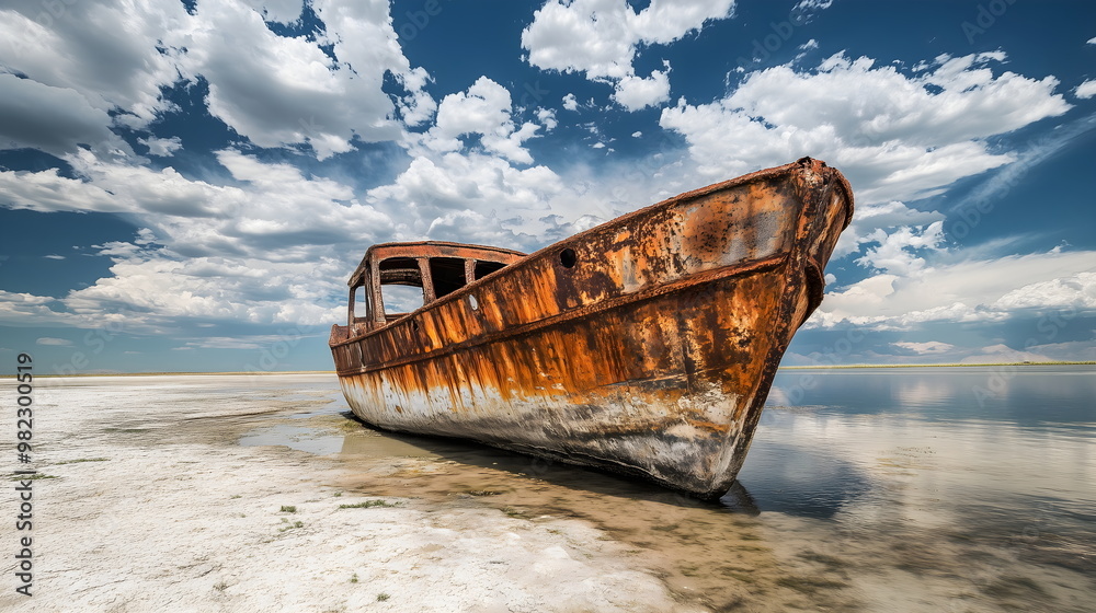 Abandoned rusty ship on salt flat with dramatic cloudy sky. Decaying vessel in surreal desert-like landscape Abandoned rusty ship on salt flat with dramatic cloudy sky. Decaying vessel in surreal desert-like landscape