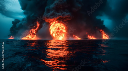 Massive oil fire on ocean surface with towering flames and black smoke. Dramatic scene of burning petroleum spill at sea. Environmental disaster reporting and marine pollution awareness photo