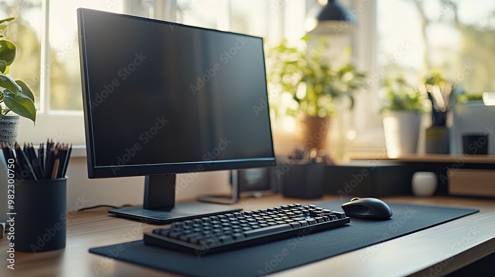 A modern workspace featuring a computer, keyboard, mouse, and plants. A modern workspace featuring a computer, keyboard, mouse, and plants.