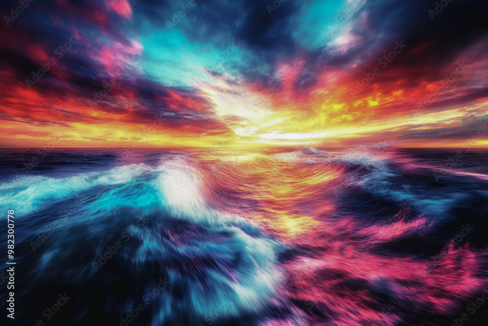 Vibrant sunset over a crashing ocean, blending vivid colors with dramatic clouds Vibrant sunset over a crashing ocean, blending vivid colors with dramatic clouds