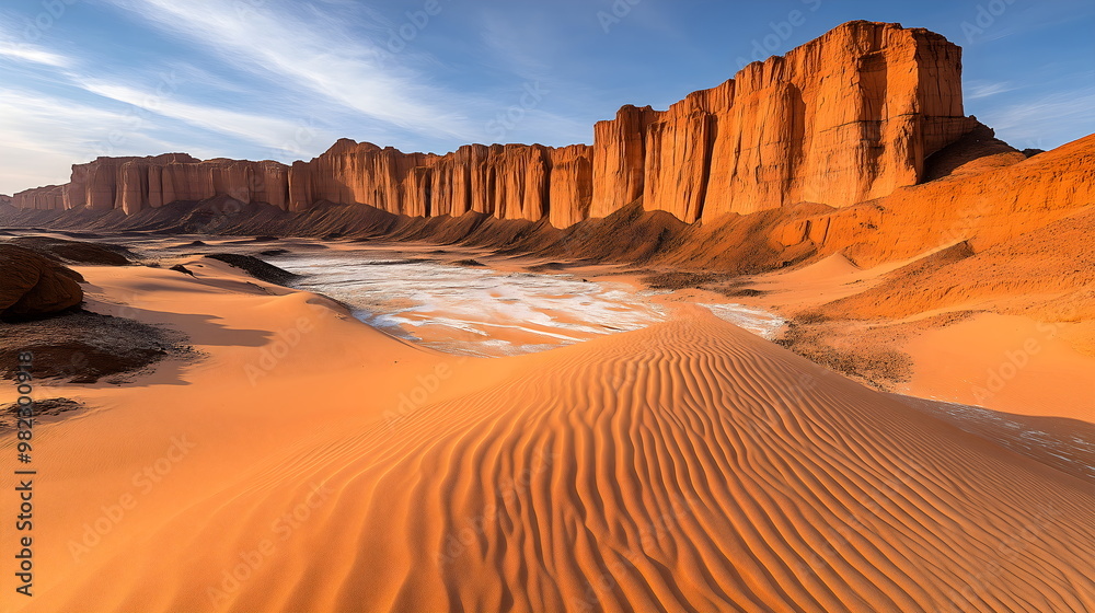 Fototapeta premium Majestic sandstone cliffs and sand dunes in desert valley. Dramatic landscape with rippled sand and salt flats. Geology textbooks and adventure travel brochures