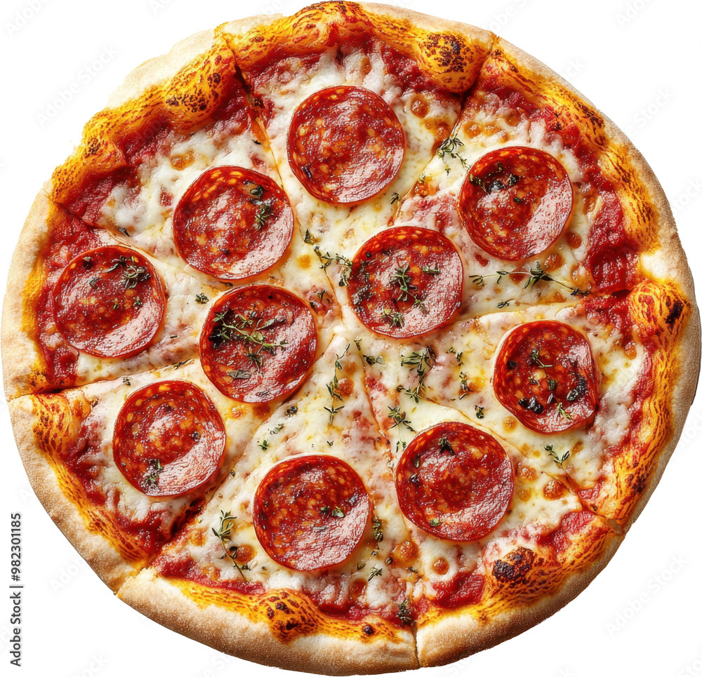 A pepperoni pizza with herbs on top A pepperoni pizza with herbs on top