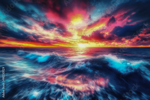 Vibrant sunset over a crashing ocean, blending vivid colors with dramatic clouds