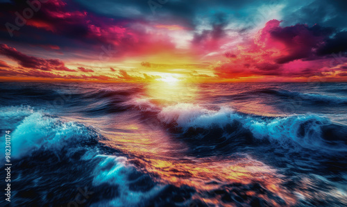 Vibrant sunset over a crashing ocean, blending vivid colors with dramatic clouds