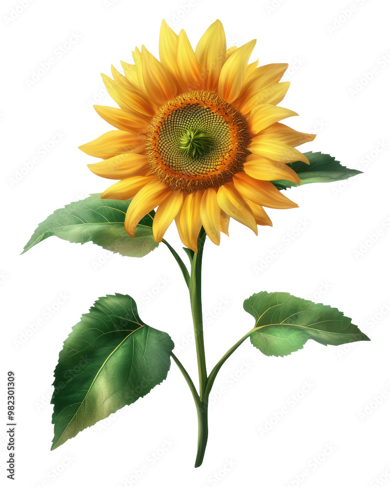 Obraz premium PNG Sunflower with green leaves on white