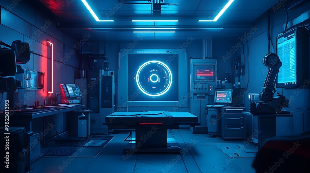 Fototapeta premium A high-tech interrogation room, bathed in neon blue light. Holographic AI assistants display suspect data, while robotic arms prepare syringes for truth serum
