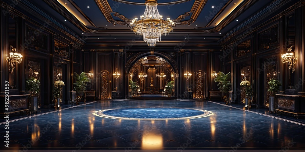 Fototapeta premium expensive hotel lobby with luxury azure wooden panels, carvings royal style and elegant glowing floor 