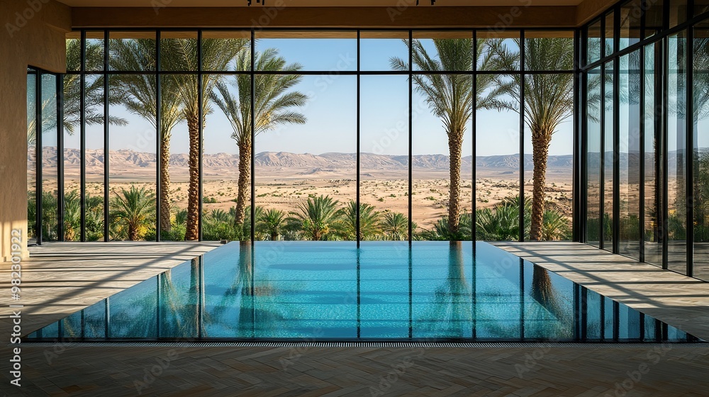 A serene indoor pool with a stunning view of palm trees and desert landscape. A serene indoor pool with a stunning view of palm trees and desert landscape.