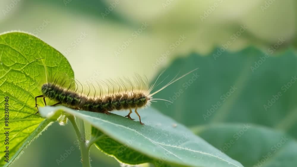 Caterpillar Crawling on Clover Leaf, Macro Insect Movement in Nature Caterpillar Crawling on Clover Leaf, Macro Insect Movement in Nature